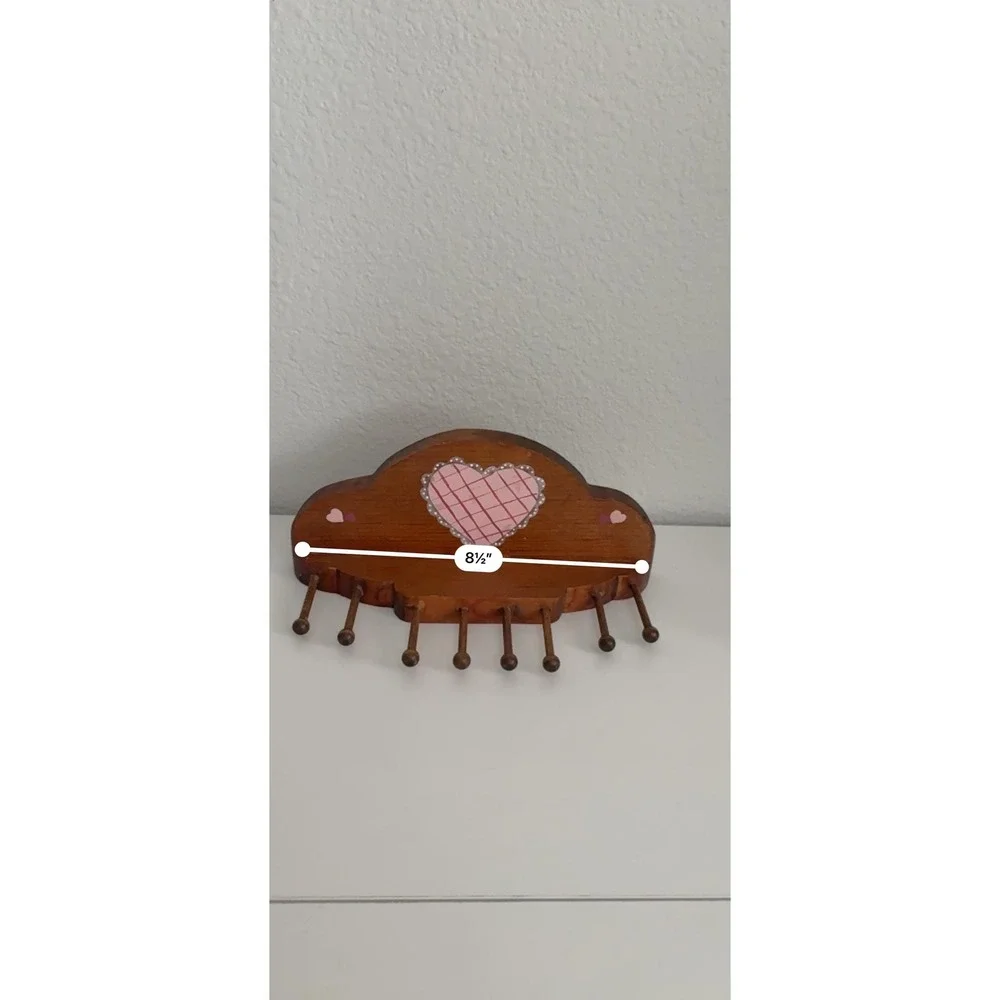 Vintage Wooden Key Holder Wall Rack 8 Peg Pink Heart Cottagecore
